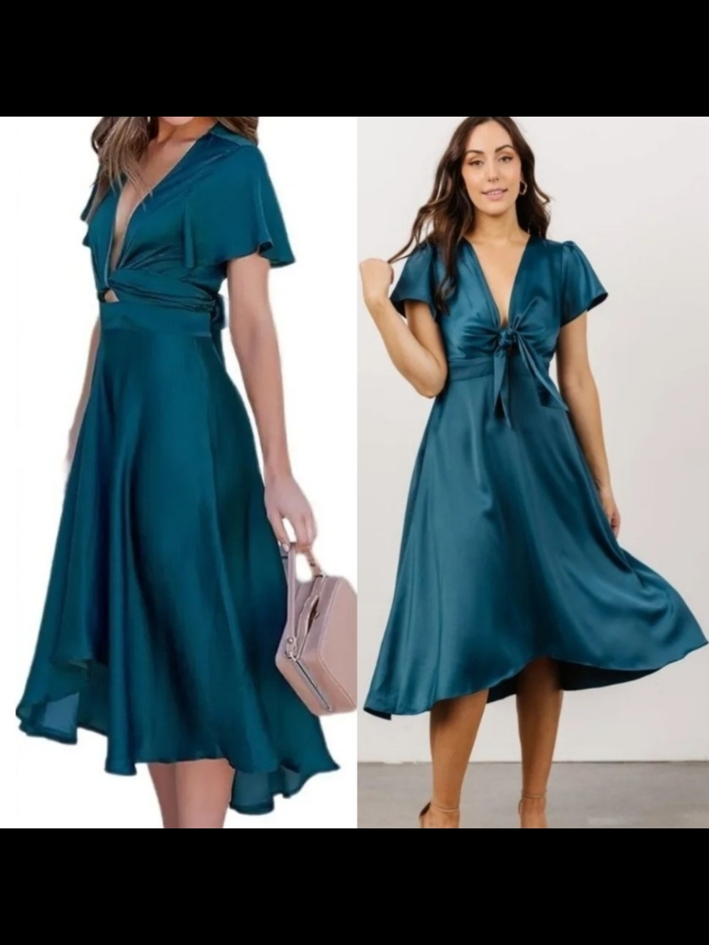 Teal Blue Green Satin Tie-Front Short Sleeve Midi Formal Cocktail Dress XXL
